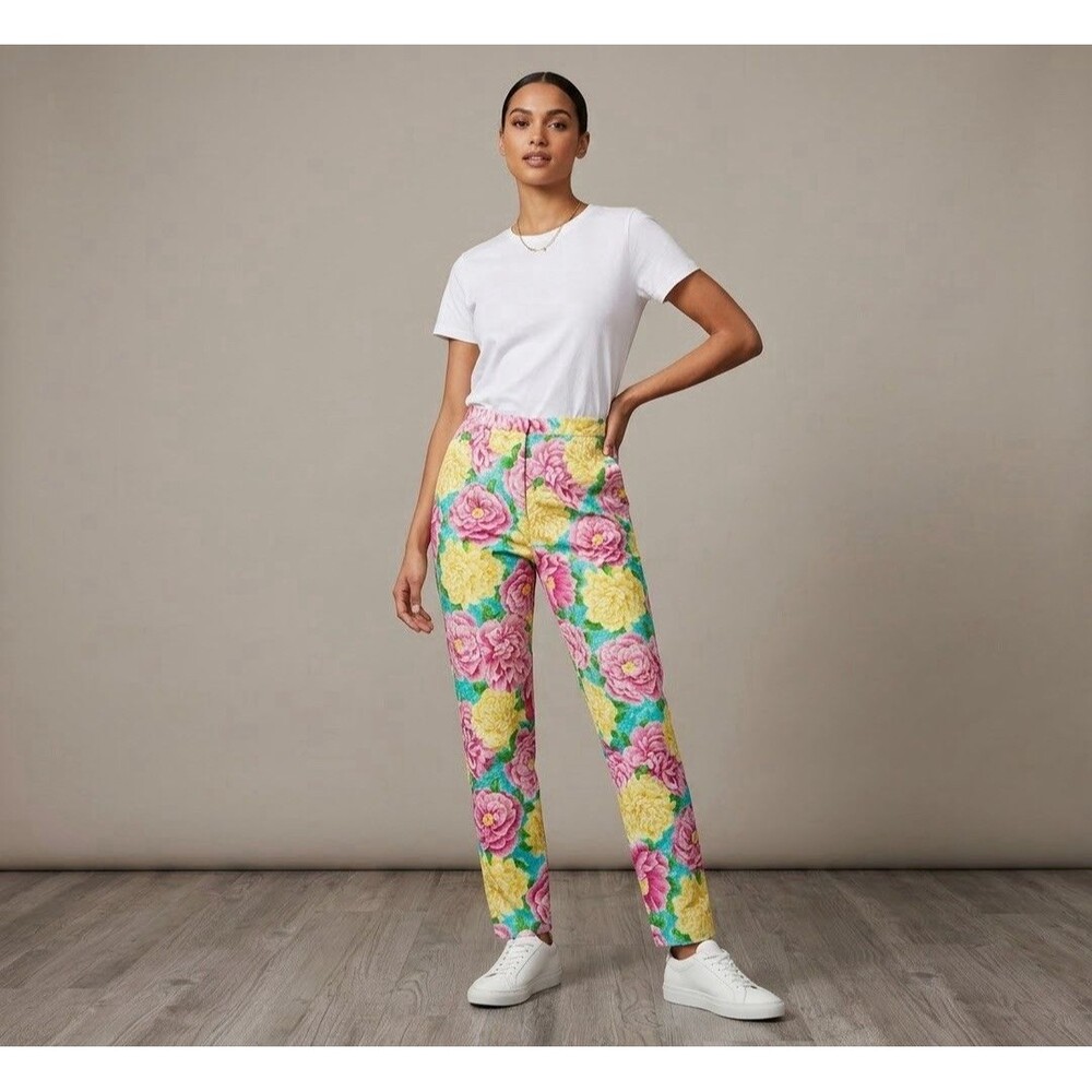 Vtg 90s Adrienne Vittadini Sport Floral Cotton Seersucker Pants Pink Yellow 4